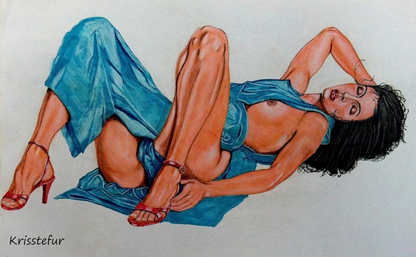 Laid back Drawing by Kriss Tefur - Laid back Fine Art Prints and Posters for Sale; Babe Brunette Female Friendly Hot Erotic 