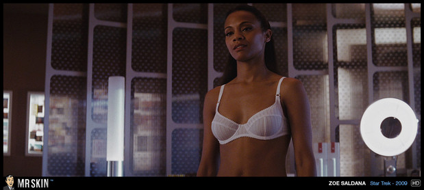 Zoe Saldena in a hot white bra on Star Trek; Celebrity Hot 